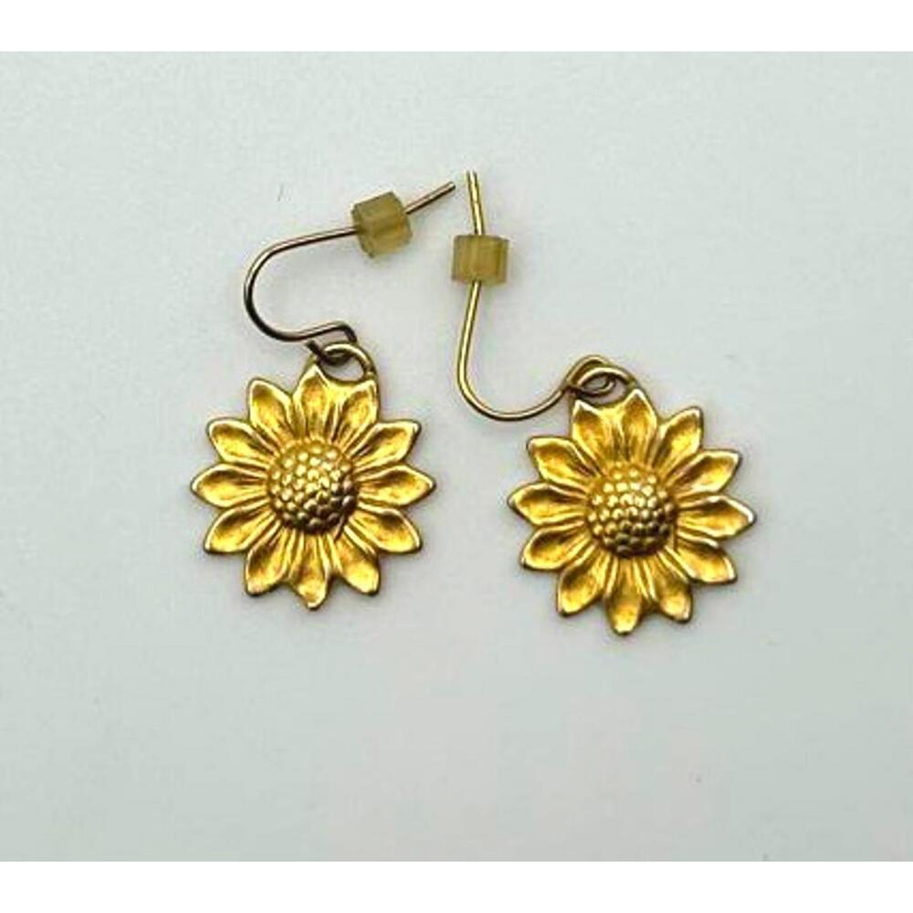 Vintage Sunflower Earrings, Gold Tone Dangle Floral Jewelry, Boho, Cottagecore